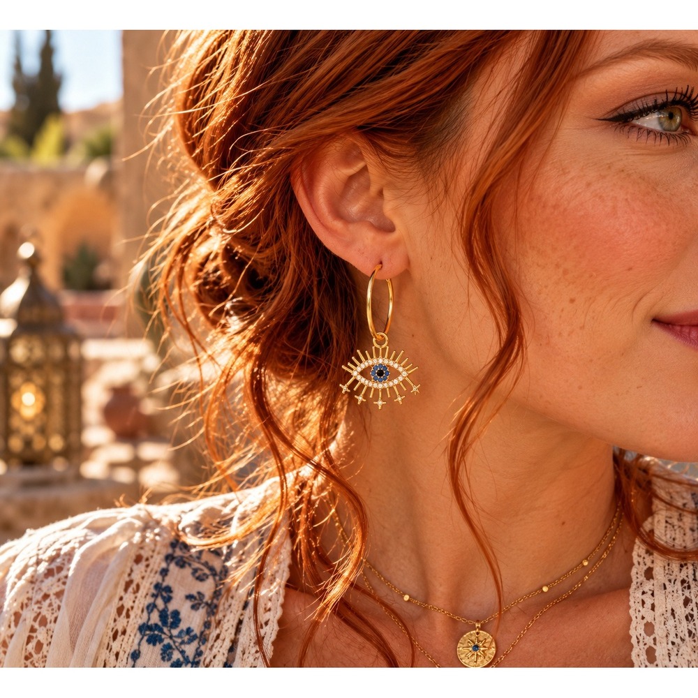 Gold Evil Eye Hoop Earrings with Rhinestone Sunburst Charms Celestial Jewelry